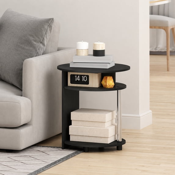 Furinno Jaya Round Side Table with Bottom Shelf, Black End Table, Night Stand, Bedside Table for Living Room, Bedroom, Home Office,Dark Americano