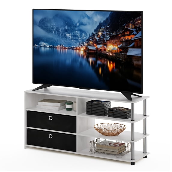 Furinno Jaya TV Stand for TV up to 55-Inch with Storage Bins & Cable Management Hole, 4-Tier White Entertainment Center, TV Console, for Living Room, Bedroom, White Wood