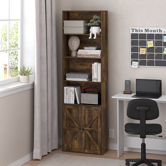 Furinno Jensen 6-Tier Farmhouse Book Shelf, Rustic Brown Bookshelf, Display Bookcase with Doors, 9.2 x 21.6 x 71.2, for Living Room, Bedroom, Home Office, Amber Oak