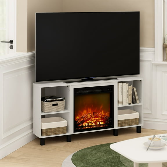 Furinno Jensen Corner Fireplace TV Stand with 4 Open Compartments for TV up to 55 Inches, Solid White