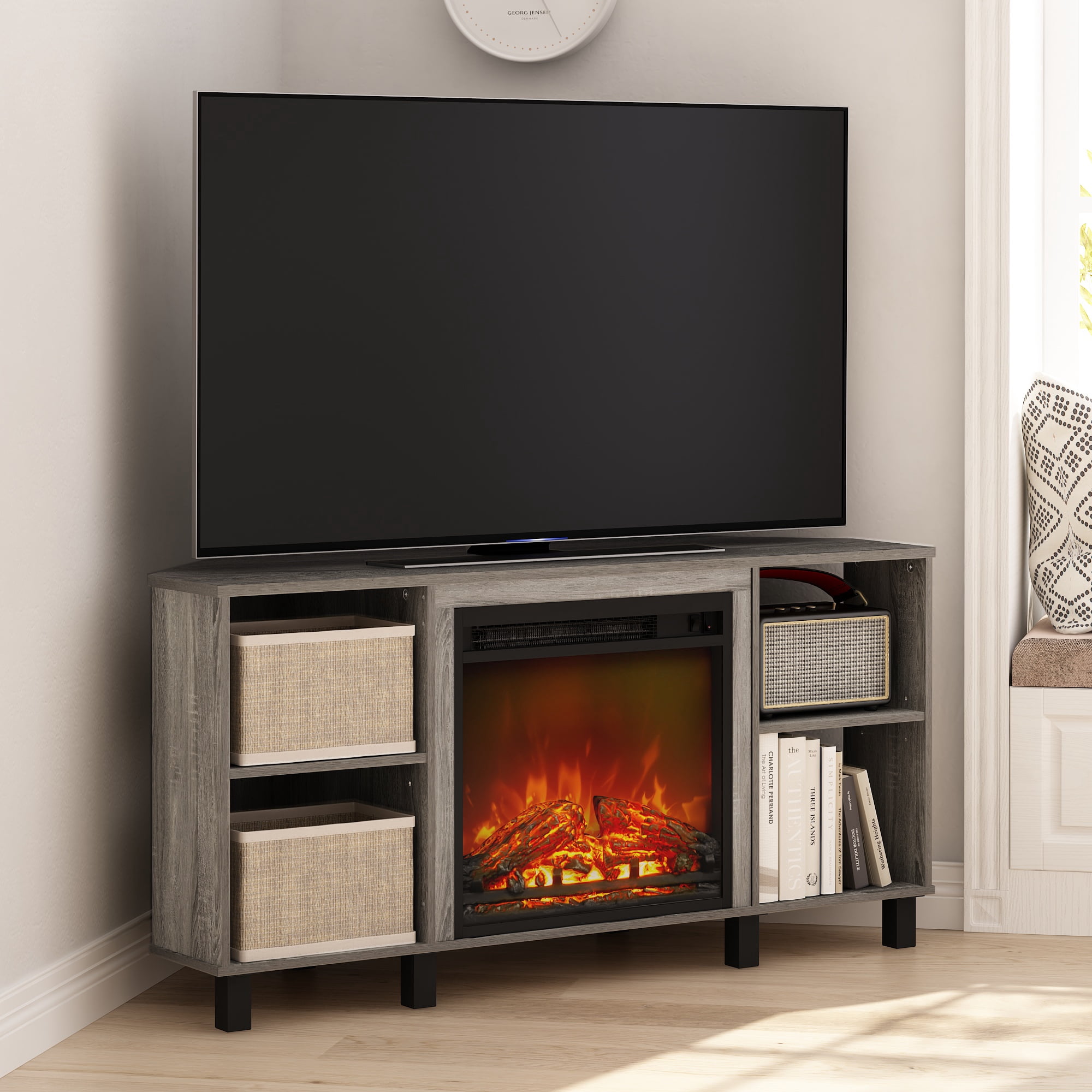 Furinno Jensen Corner Fireplce TV Stand with Metal Leg for TV up to 55 in,  French Oak Grey - Walmart.com