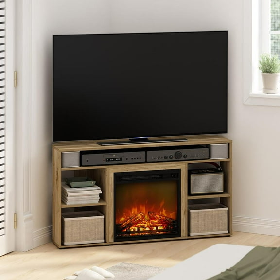 Furinno Jensen Corner TV Stand with Fireplace for TV up to 55 Inches, Flagstaff Oak