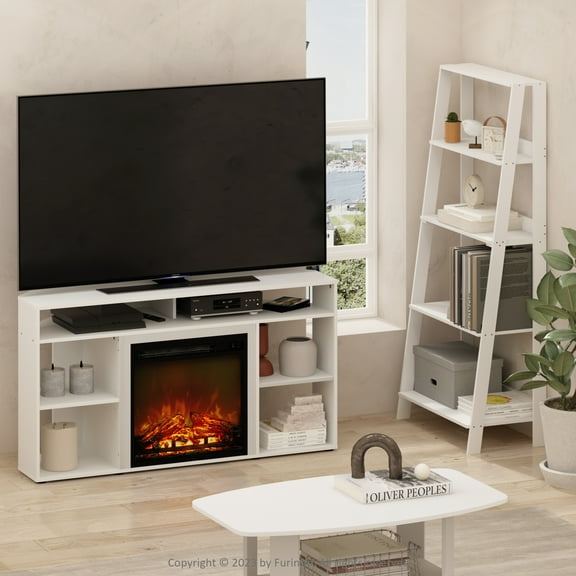 Furinno Jensen Corner TV Stand with Fireplace for TV up to 55 Inches, Solid White