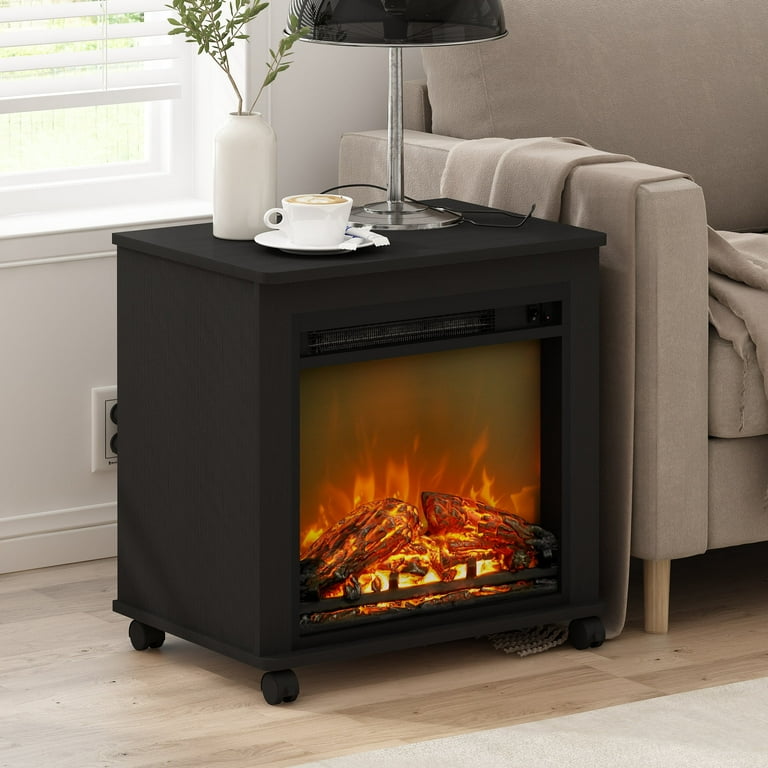 Furinno Jensen Electric Fireplace End Table with Wheels, Americano