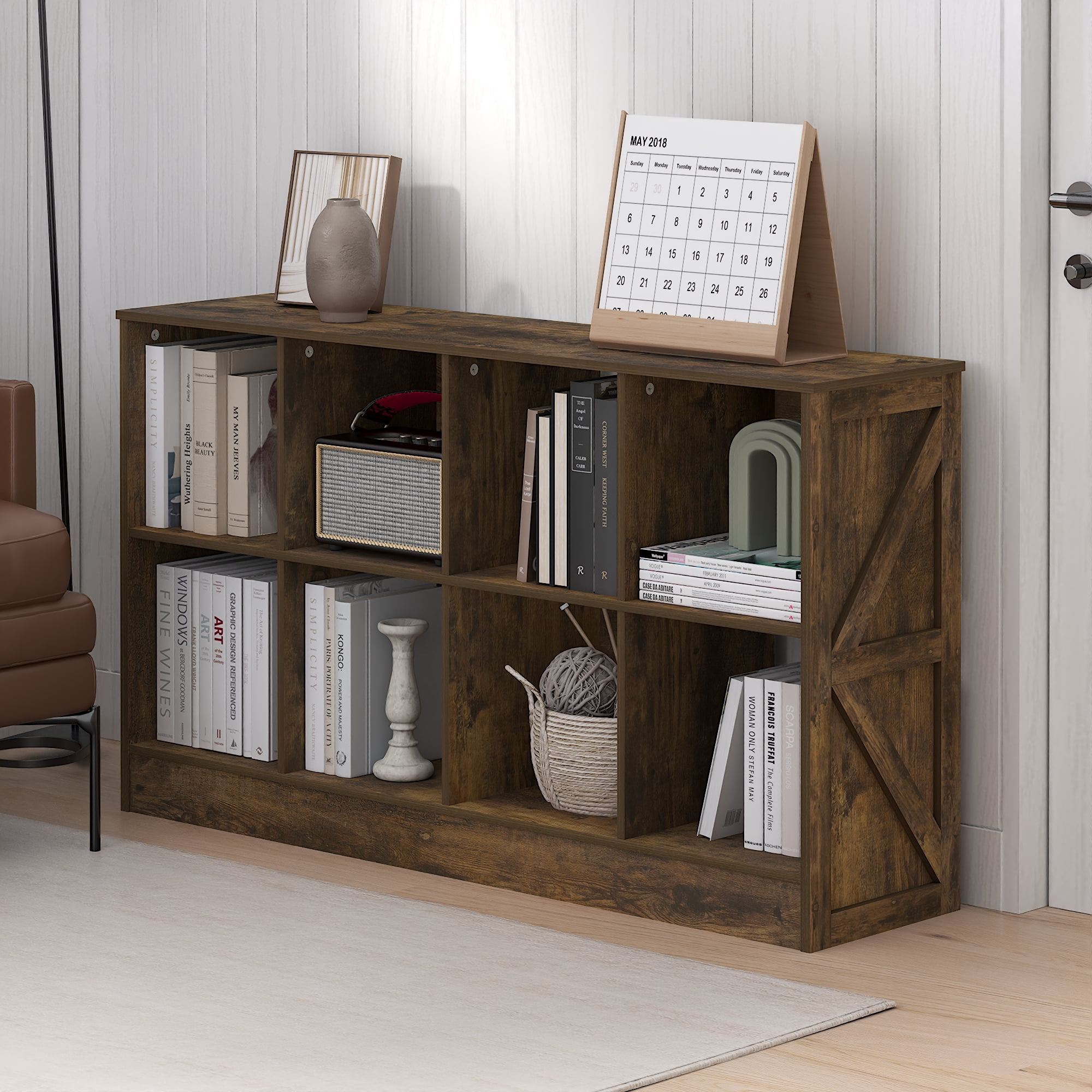 Furinno Jensen Farmhouse 8-Cube Display Bookcase, Bookshelf, Amber Pine