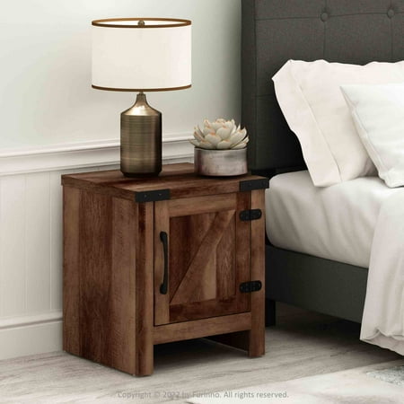 Furinno Jensen Farmhouse End Table with Barn Door, Rustic Brown