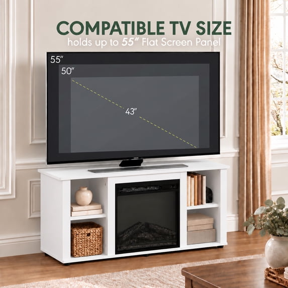 Furinno Jensen Fireplace TV Entertainment Center with Open Storage Compartment for TV up to 55 Inch, Solid White