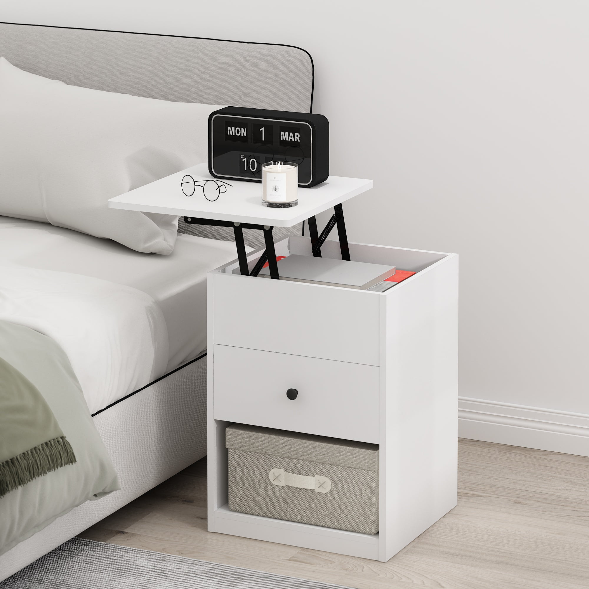 Solid White Jensen Lift-Top Composite Wood Nightstand