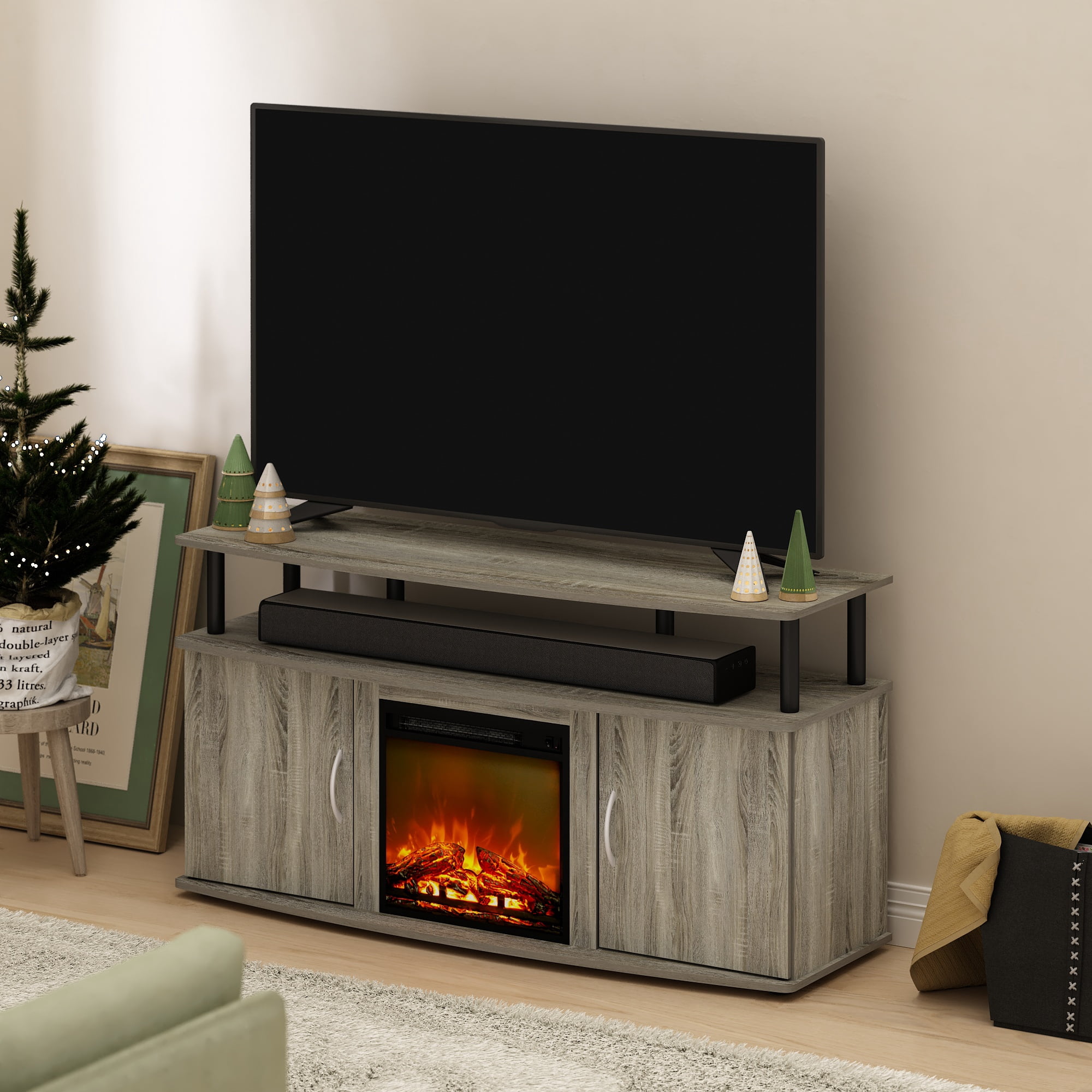 Furinno Jensen Living Room Fireplace Entertainment Center with Doors Storage Cabinet for TV up to 55 Inch, French Oak Grey/Black