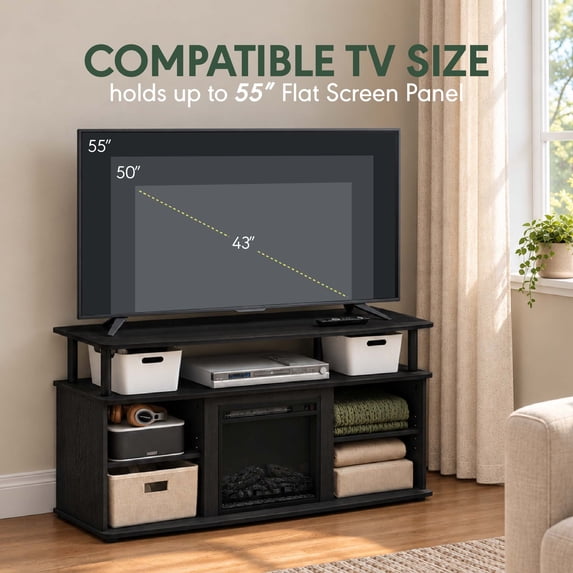Furinno Jensen Open Shelving Storage Fireplace Entertainment Center for TV up to 55 Inch, Americano/Black