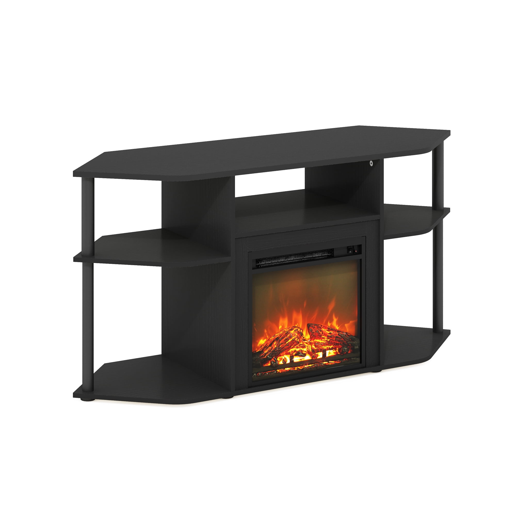 Furinno Jensen Open Storage Corner Fireplace TV Entertainment Center with Plastic Poles for TV up to 55 Inch, Americano/Black