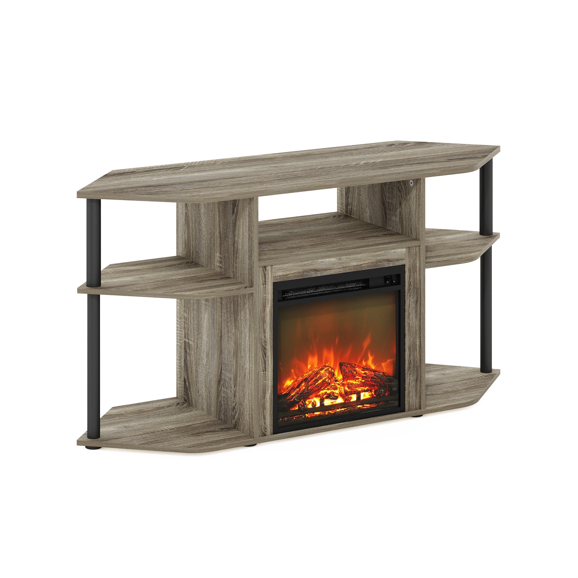 Furinno Jensen Open Storage Corner Fireplace TV Entertainment Center with Plastic Poles for TV up to 55 Inch, French Oak Grey/Black