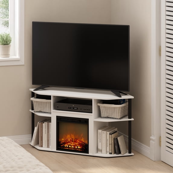 Furinno Jensen Open Storage Corner Fireplace TV Entertainment Center with Plastic Poles for TV up to 55 Inch, Solid White/Black
