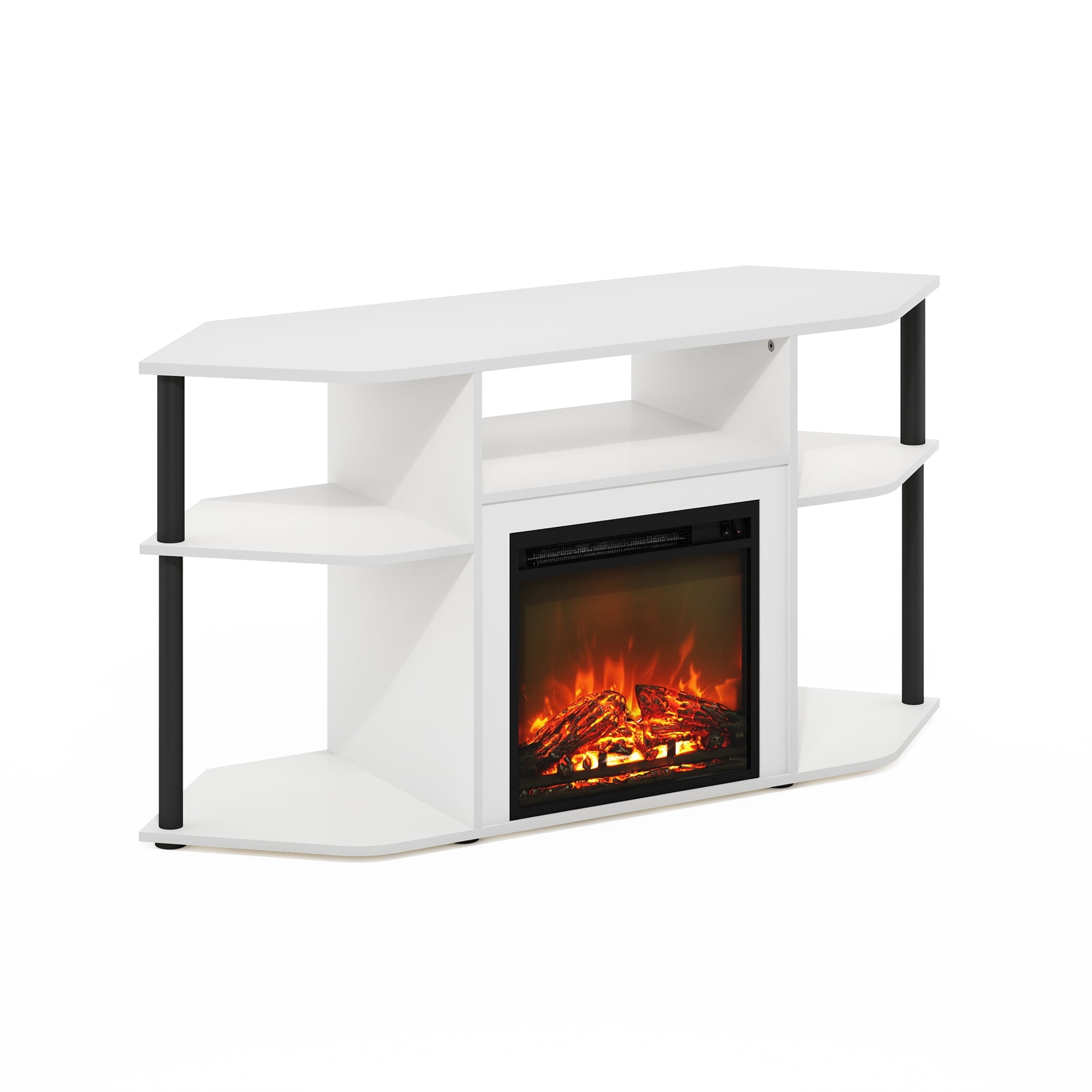 Furinno Jensen Open Storage Corner Fireplace TV Entertainment Center with Plastic Poles for TV up to 55 Inch, Solid White/Black