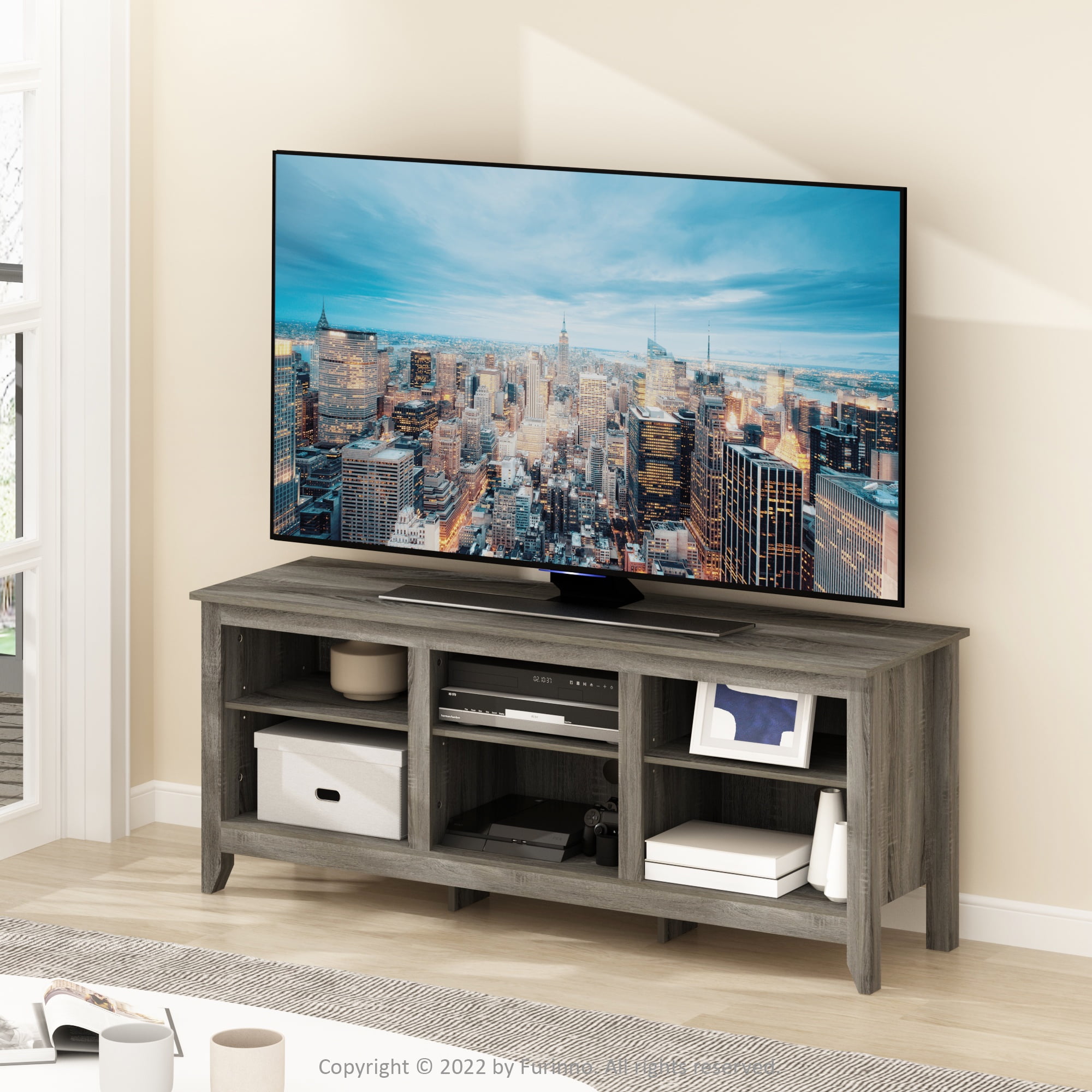 Elegant French Oak Grey 65" TV Stand with Mount and Shelves