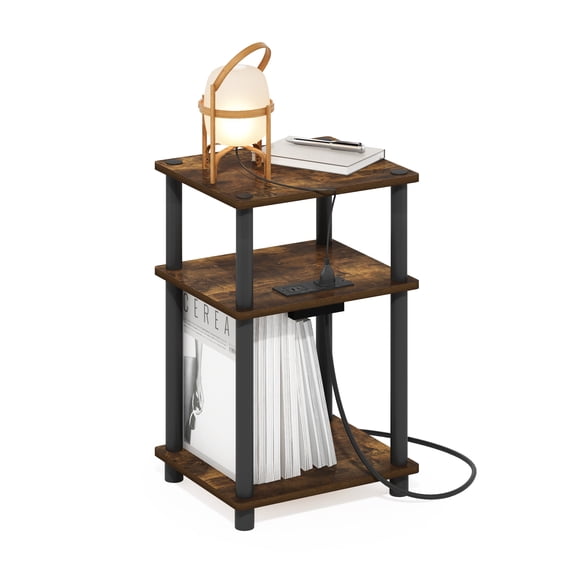 Furinno Just 3-Tier Side Table with Charging Station, Easy Assembly Rustic Brown End Table, Night Stand, Bedside Table with USB and Type-C Charging Port, for Living Room, Bedroom, Amber Oak