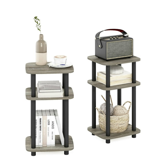 Furinno Just 3-Tier Turn-N-Tube Curve End Table, Side Table, 2-Pack, French Oak/Black