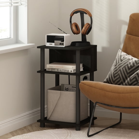 Furinno Just 3-Tier Turn-N-Tube Open Storage End Table with USB and Type-C Charging Port, Espresso/Black