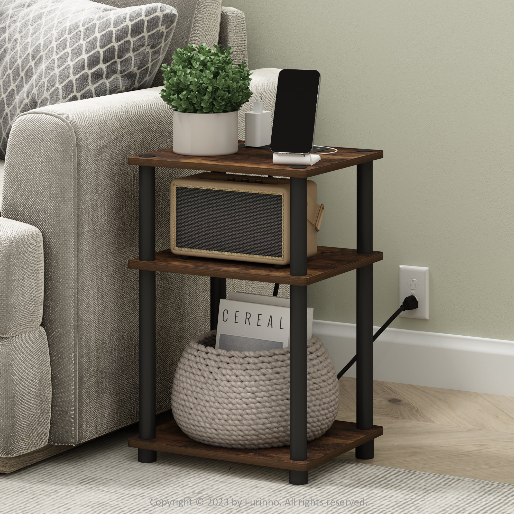 Furinno Just 3-Tier Turn-N-Tube USB and Type-C Charging Port End Table with Open Storage, Amber Pine/Black