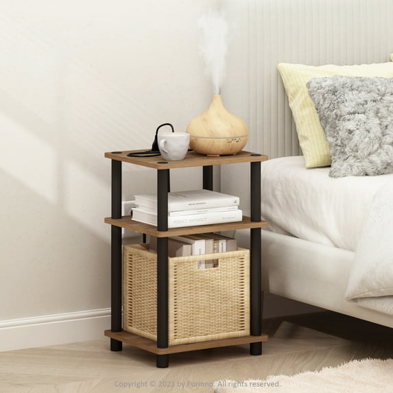 Furinno Just 3-Tier Turn-N-Tube USB and Type-C Charging Port End Table with Open Storage, Flagstaff Oak/Black