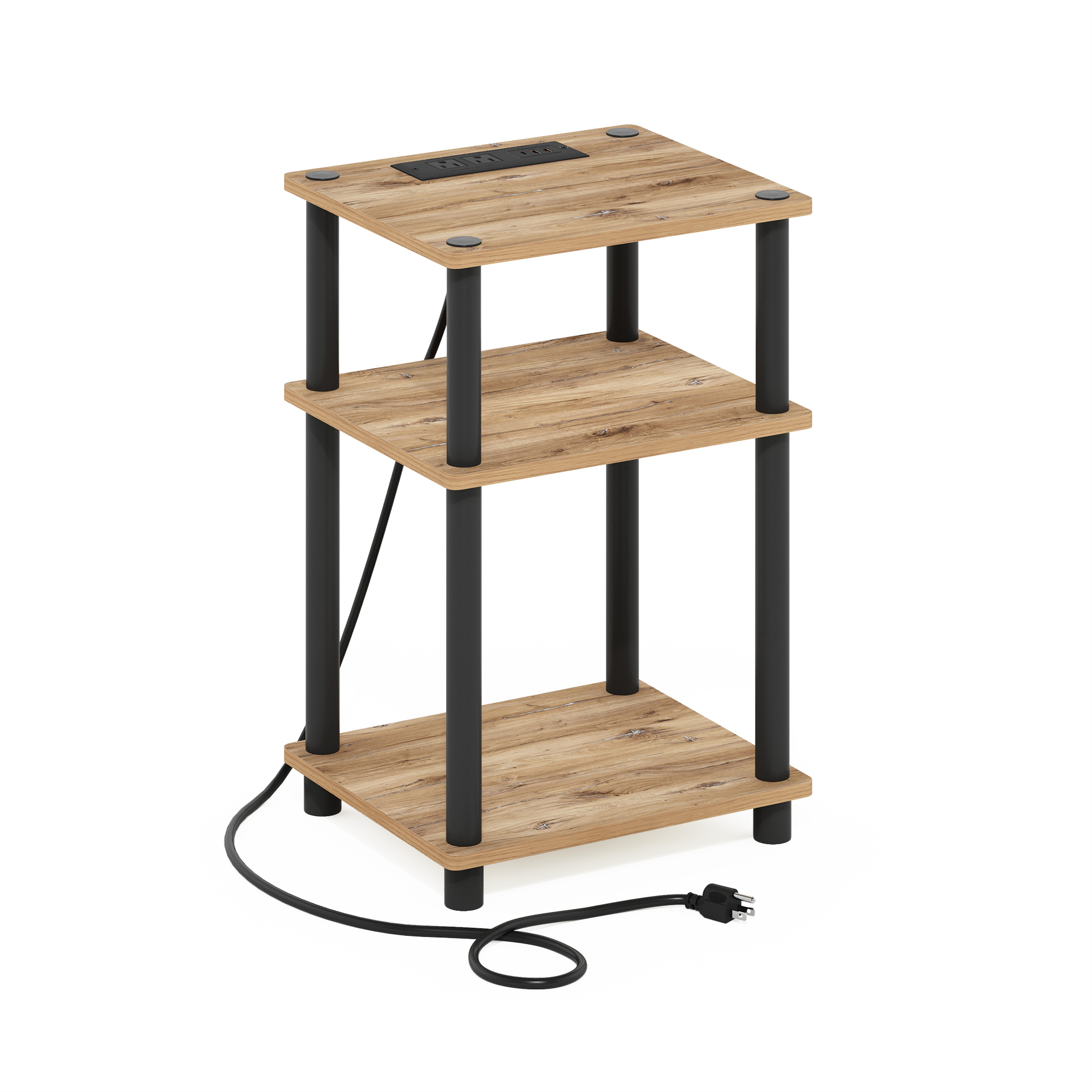 Furinno Tavolino Porta Oggetti Con Ricarica USB E Tipo C – 3 Livelli, 29x21x17 Cm, Pino Ambrato/Nero, Con 2 Prese AC E 2 Porte USB, Per Soggiorno E Camera