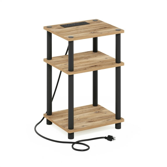 Furinno Just 3-Tier Turn-N-Tube USB and Type-C Charging Port End Table with Open Storage, Flagstaff Oak/Black