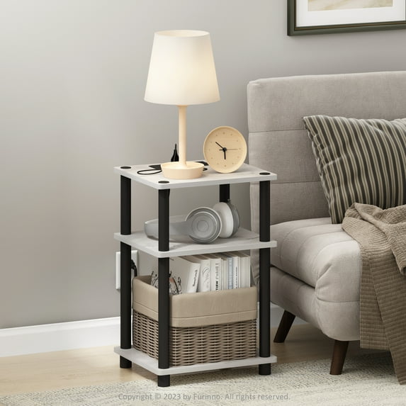Furinno Just 3-Tier Turn-N-Tube USB and Type-C Charging Port End Table with Open Storage, Marble White/Black