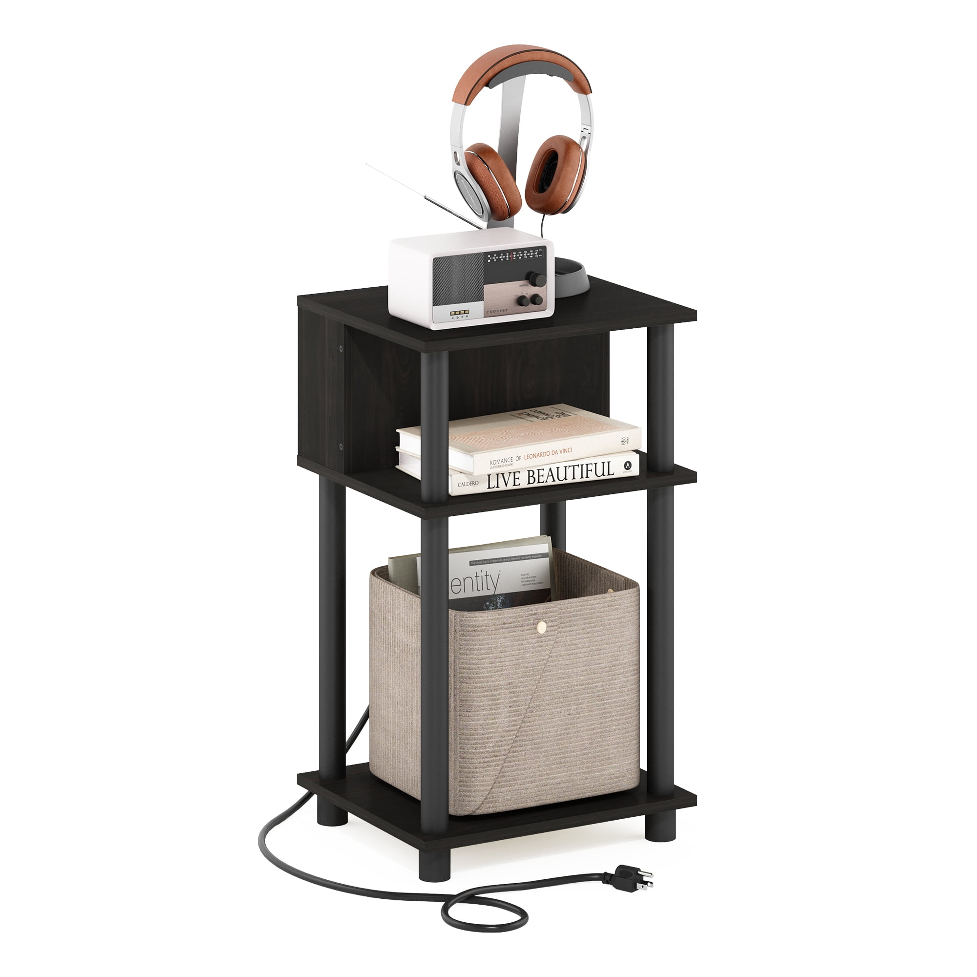 Furinno Just Side Table, 3-Tier End Table with Charging Station, Open Shelf Night Stand, Bedside Table with USB and Type-C Charging Port, for Living Room, Bedroom, Black Espresso