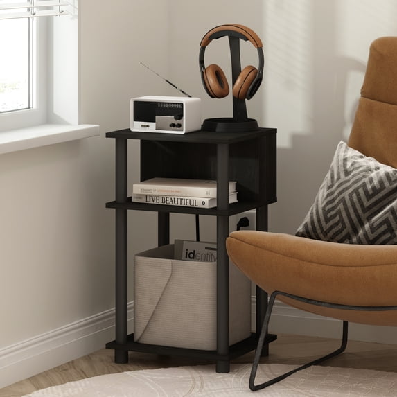 Furinno Just Side Table, 3-Tier End Table with Charging Station, Open Shelf Night Stand, Bedside Table with USB and Type-C Charging Port, for Living Room, Bedroom, Black Espresso