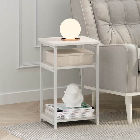 Furinno Just Side Table, 3-Tier Metal Frame End Table with Open Shelf, Night Stand, Bedside Table, for Living Room, Bedroom, Plain White