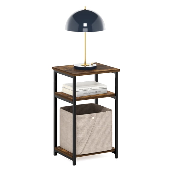 Furinno Just Side Table, 3-Tier Modern End Table with Metal Frame, Open Shelf Night Stand, Bedside Table, Easy Assembly, for Living Room, Bedroom, Amber Oak