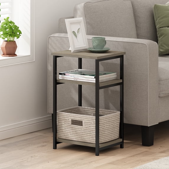 Furinno Just Side Table, 3-Tier Modern End Table with Metal Frame, Open Shelf Night Stand, Bedside Table, Easy Assembly, for Living Room, Bedroom, Grey Oak
