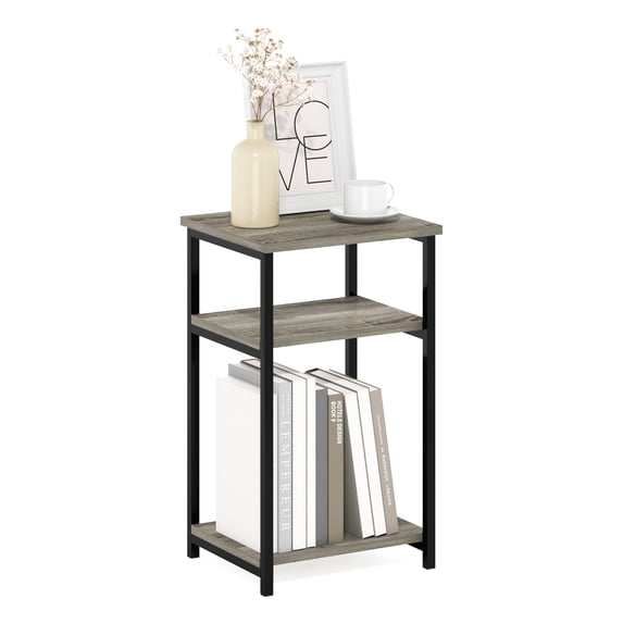 Furinno Just Side Table, 3-Tier Modern End Table with Metal Frame, Open Shelf Night Stand, Bedside Table, Easy Assembly, for Living Room, Bedroom, Grey Oak