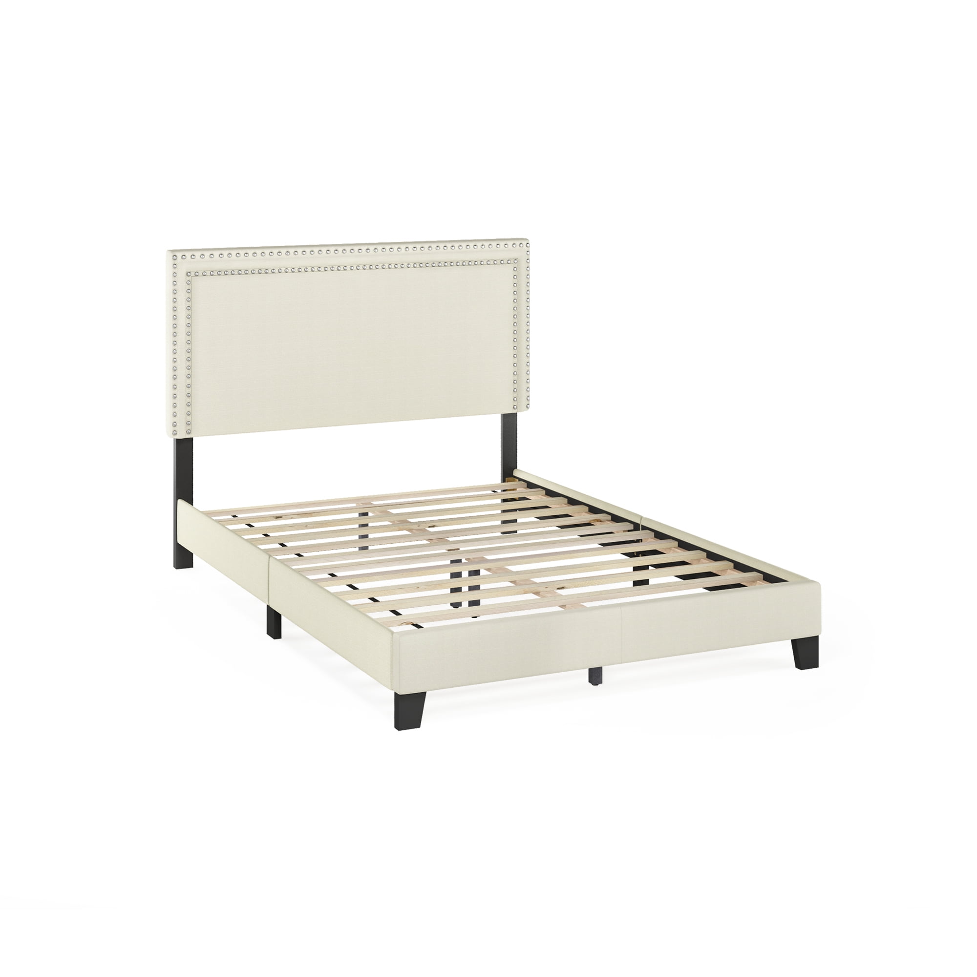 Furinno LAVAL Full Upholstered Bed Frame with Double-Row Nailhead Headboard and 12-Piece Wooden Slat Support, Light Beige