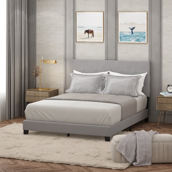 Furinno LAVAL Queen Upholstered Bed Frame with Button-Tufted Headboard and 12-Piece Wooden Slat Support, Light Grey
