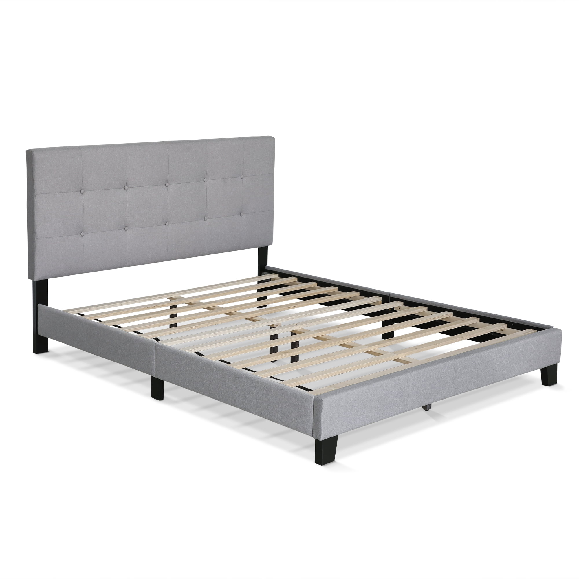 Furinno LAVAL Queen Upholstered Bed Frame with Button-Tufted Headboard and 12-Piece Wooden Slat Support, Light Grey