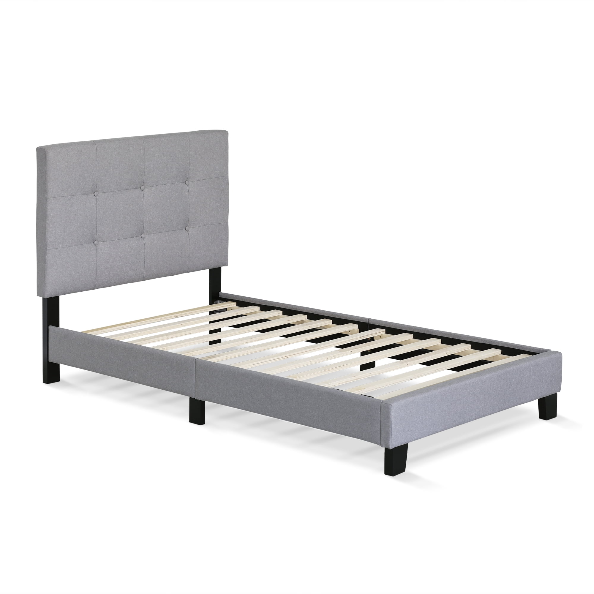 Furinno LAVAL Twin Upholstered Bed Frame with Button-Tufted Headboard and 12-Piece Wooden Slat Support, Light Grey