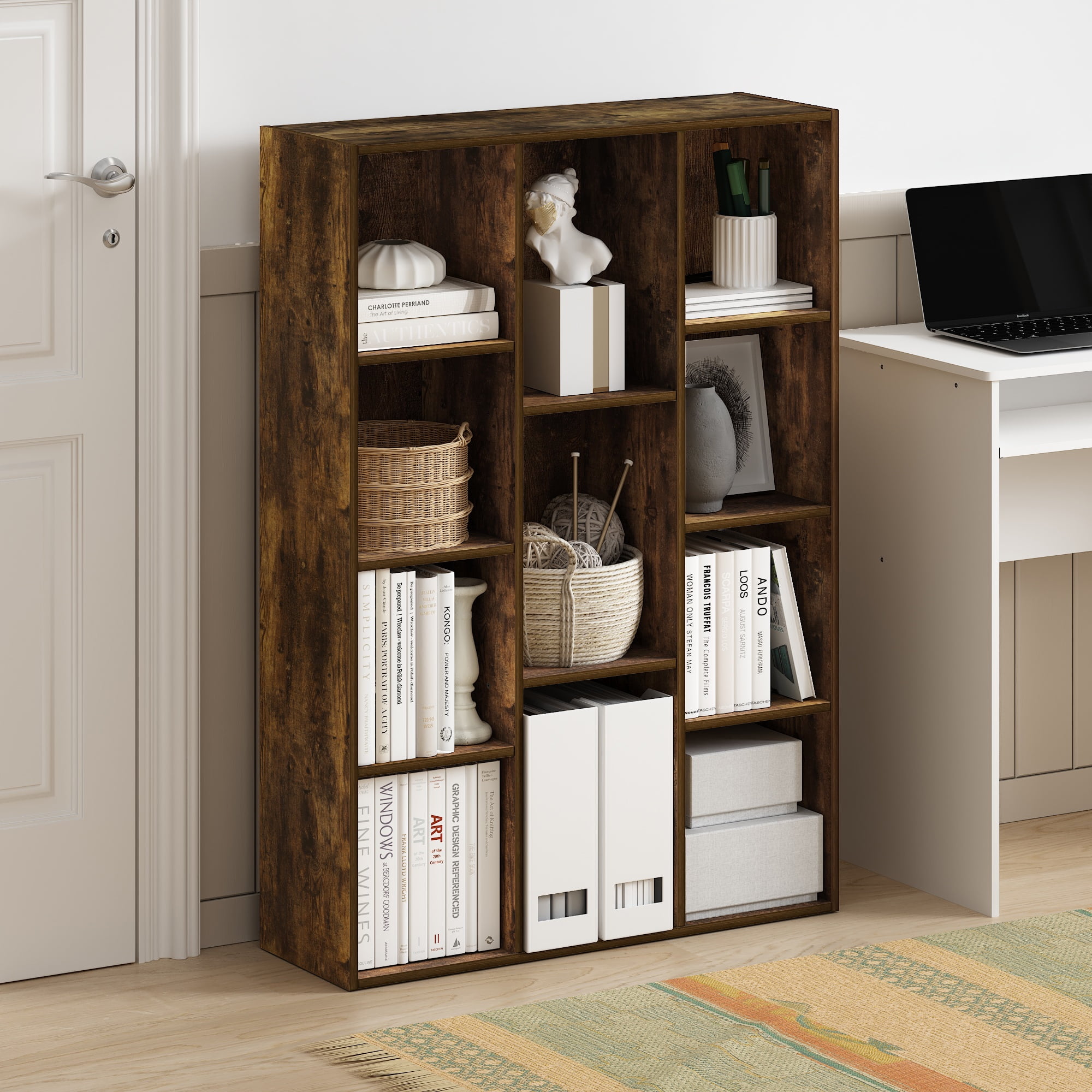 Furinno LUDER Book Shelf, 11-Cube Bookshelf, Reversible Bookcase, 9.4 x 29.1 x 41.7, for Living Room, Bedroom, Home Office, Amber Oak
