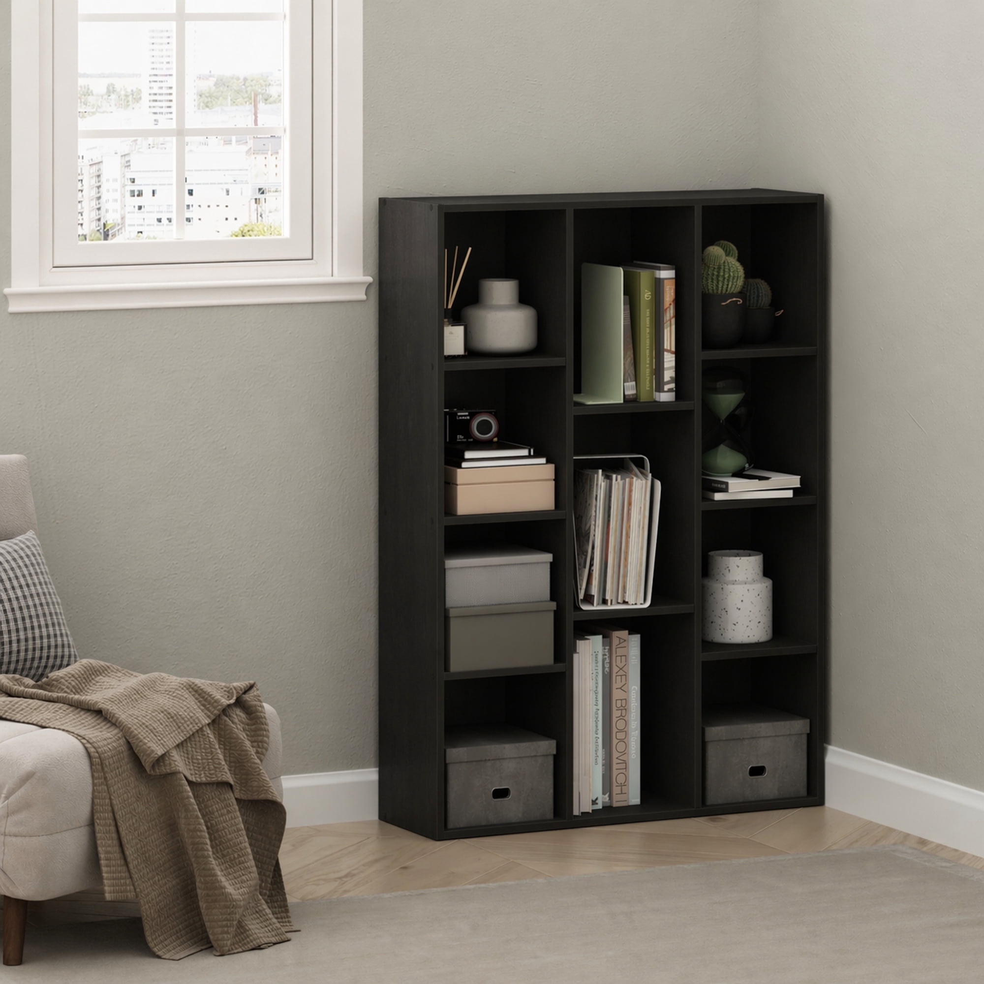 Furinno LUDER Book Shelf, 11-Cube Bookshelf, Reversible Bookcase, 9.4 x 29.1 x 41.7, for Living Room, Bedroom, Home Office, Darkwood