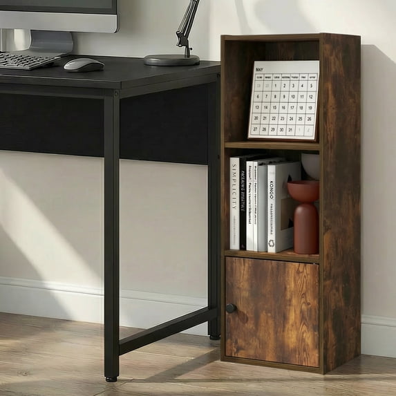 Furinno LUDER 3-Tier Bookcase with 1 Door Cabinet 9.3 x 12 x 31.5 Amber Pine
