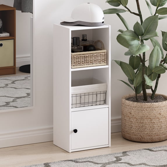 Furinno LUDER Book Shelf, 3-Tier Modern Bookshelf, Bookcase with 1 Door Storage Cabinet, 9.3 x 12 x 31.5, for Living Room, Bedroom, Home Office, Plain White
