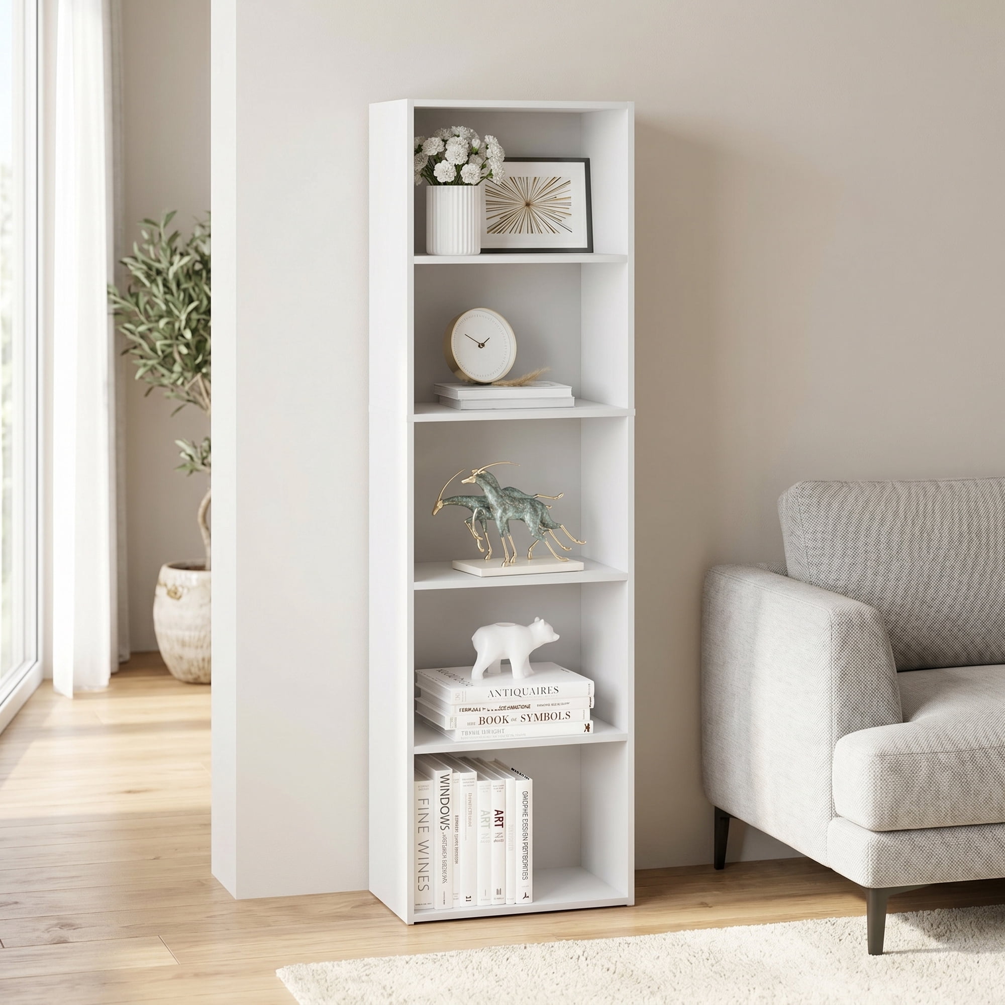 Furinno LUDER Book Shelf, 5-Cube Bookshelf, Bookcase with Open Shelf, 9.4 x 15.8 x 52, for Living Room, Bedroom, Home Office, Plain White