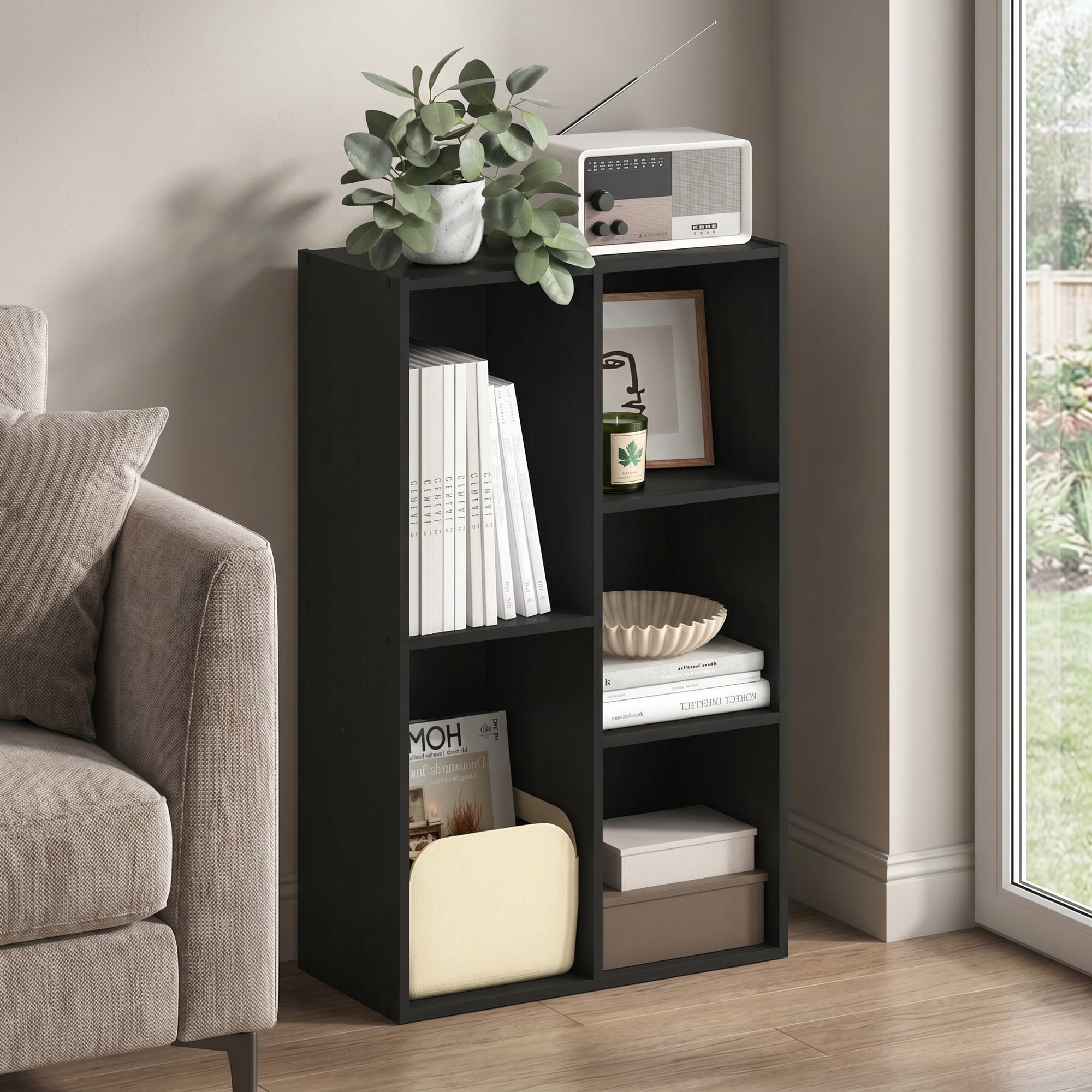 Furinno LUDER Book Shelf, 5-Cube Bookshelf, Reversible Bookcase, 9.4 x 19.5 x 31.5, for Living Room, Bedroom, Home Office, Darkwood