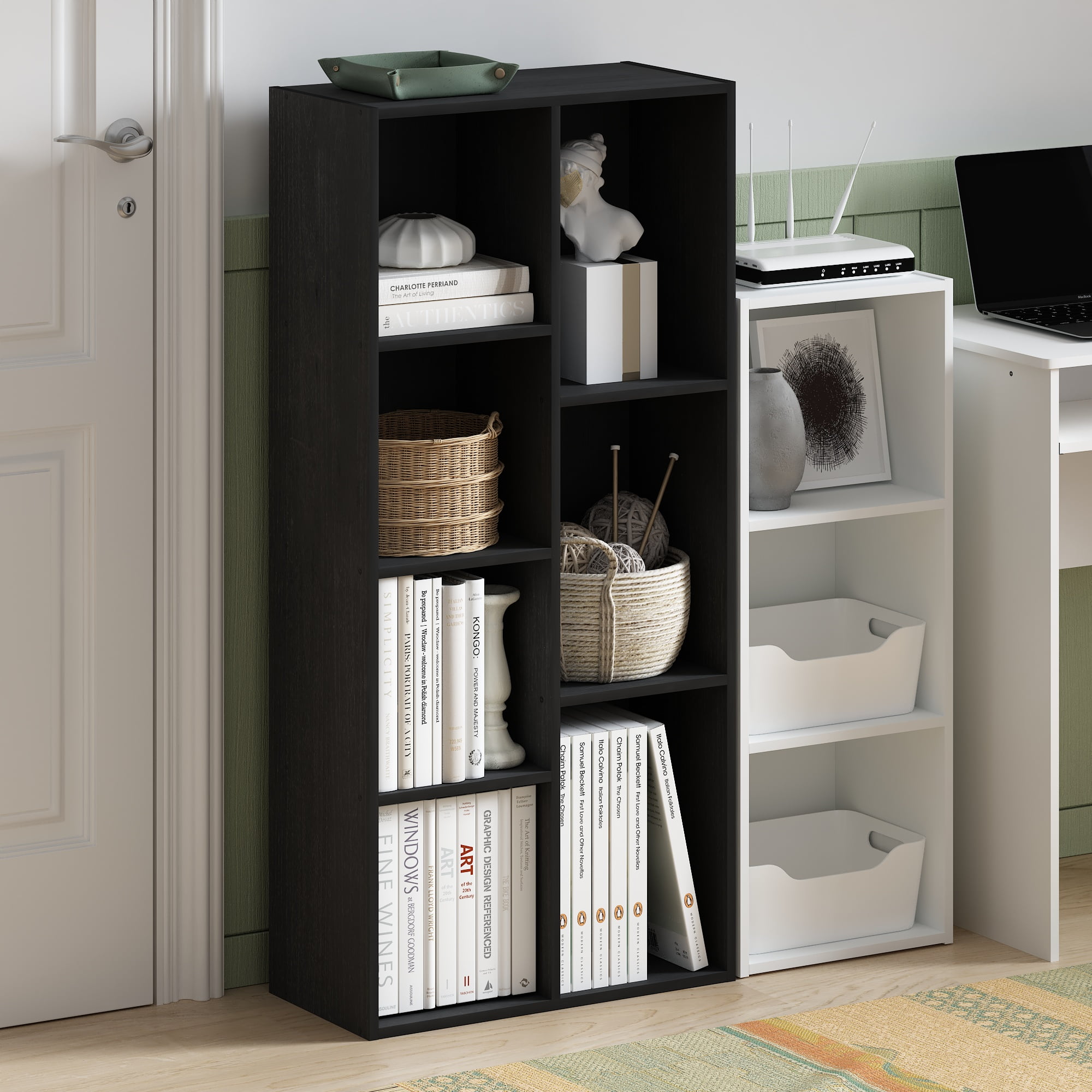 Furinno LUDER Book Shelf, 7-Cube Bookshelf, Bookcase, 9.4 x 19.5 x 41.7, for Living Room, Bedroom, Home Office, Darkwood