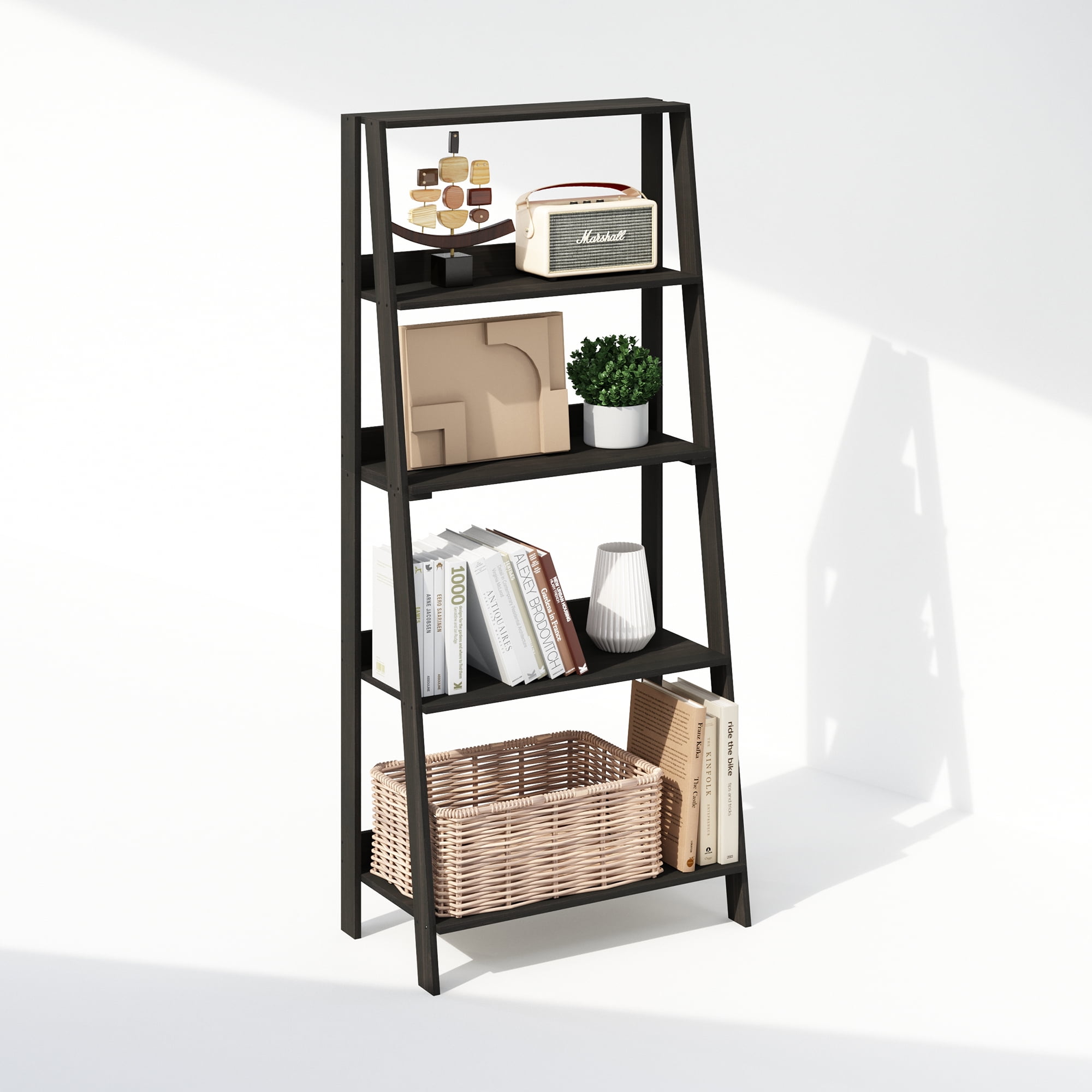 Furinno Ladder Bookcase, Bookshelf, Display Shelf, 5-Tier, Espresso, Adult