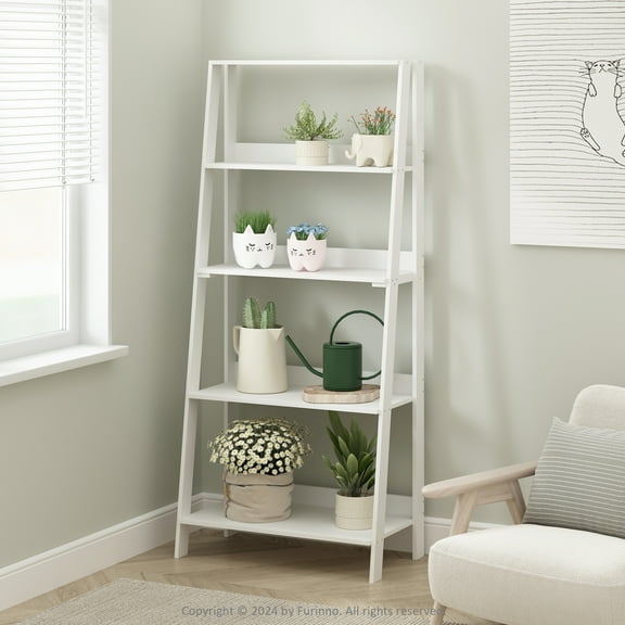 Furinno Ladder Bookcase, Bookshelf, Display Shelf, 5-Tier, White