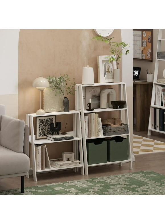 Furinno Ladder Bookcase Display Shelf, 3-Tier, White