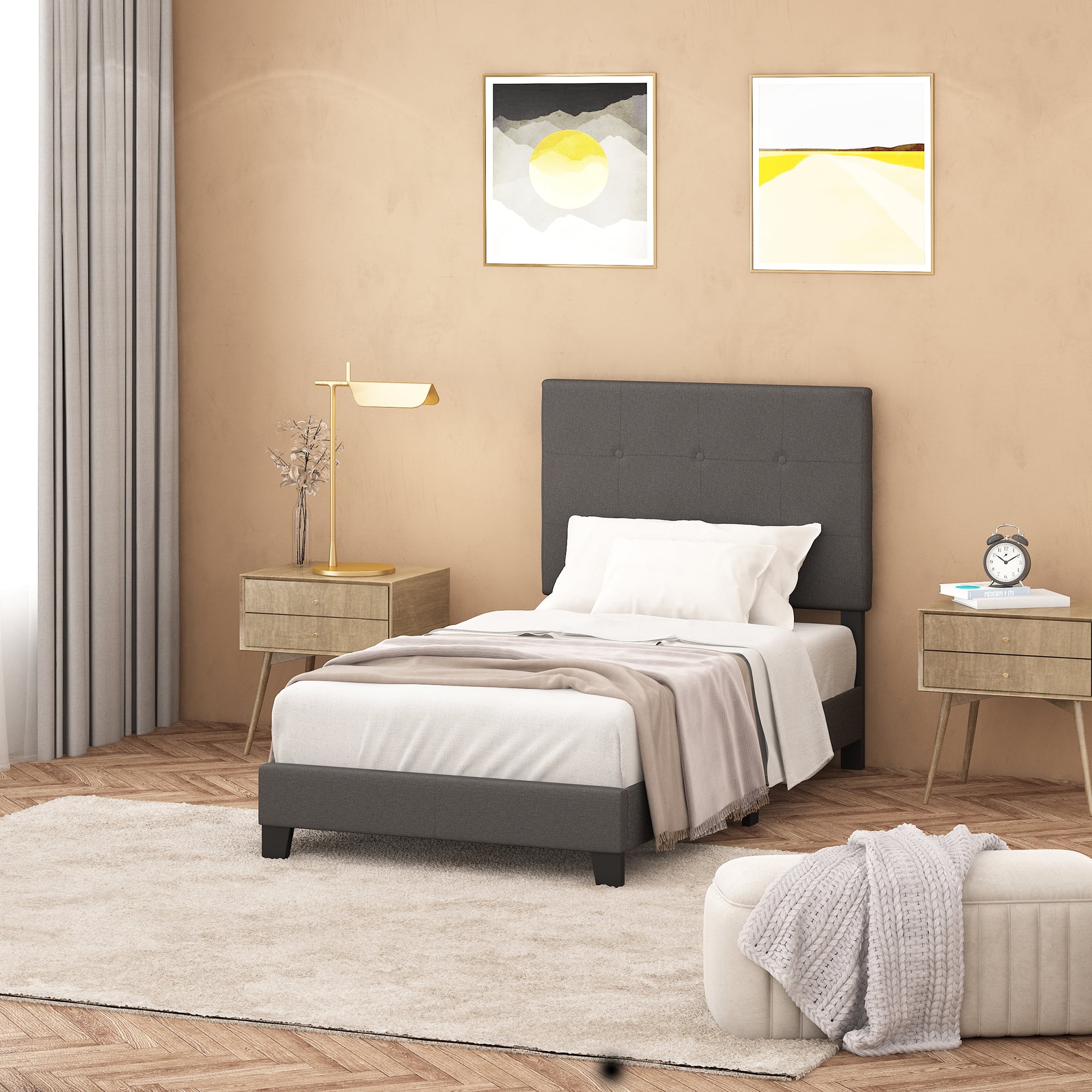Stone Gray Twin Linen Upholstered Tufted Bed Frame