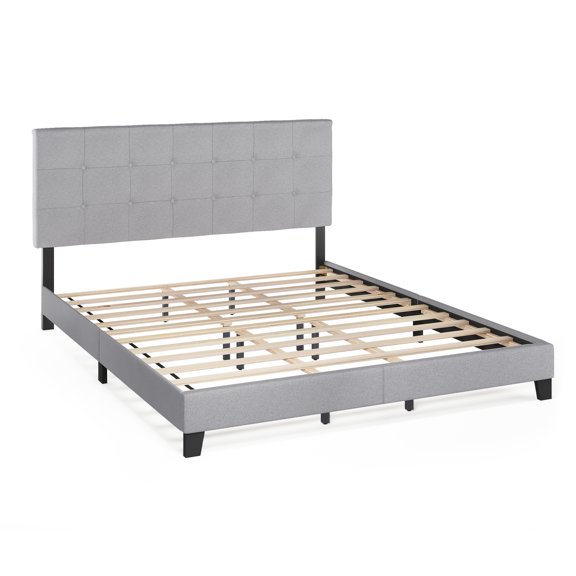 Furinno Laval Button Tufted Bed, 12 Pieces Slat Style, Glacier, California King