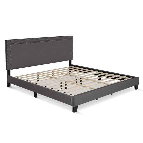Furinno Laval Double Row Nail Head Bed Frame, 12 Piece Slat Style, Stone, King